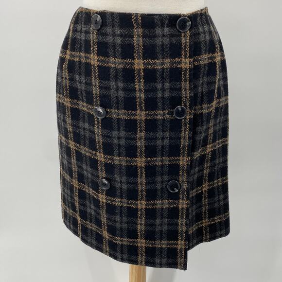 White + Warren Plaid Mini Skirt Wool Double Front Button Black Gray Tan Womens M - Picture 2 of 5